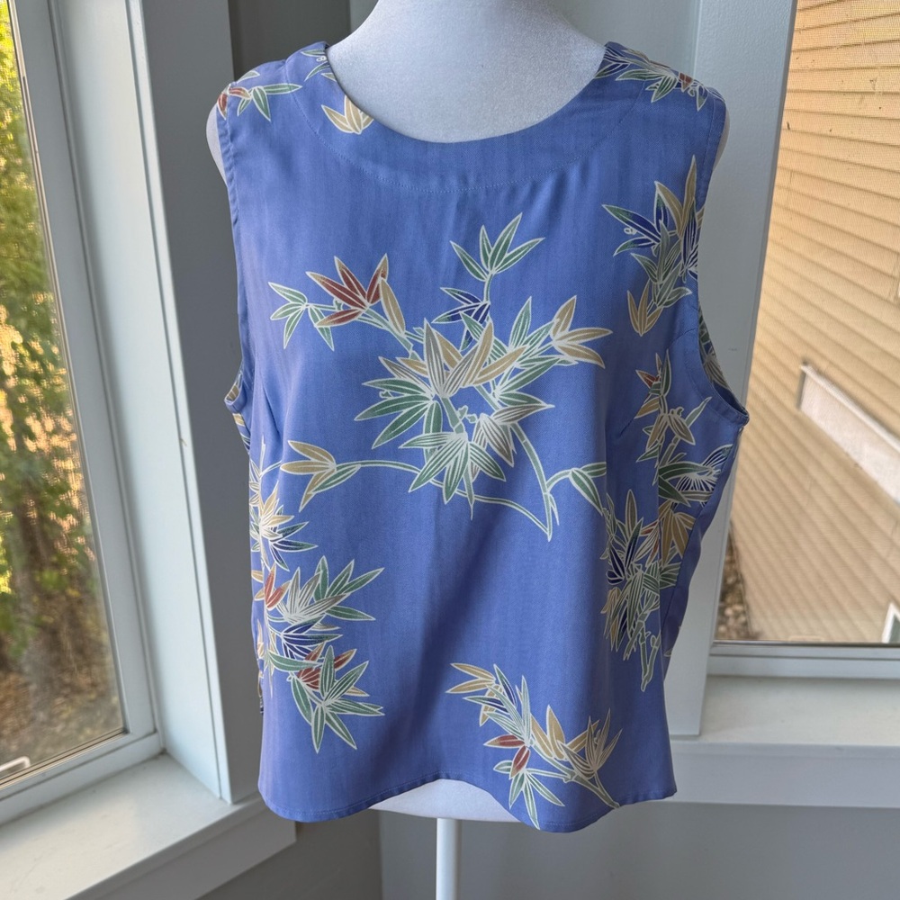 Anna Ocean Light Blue Bamboo Print Silk Shell Sleeveless Blouse Top Cami Medium